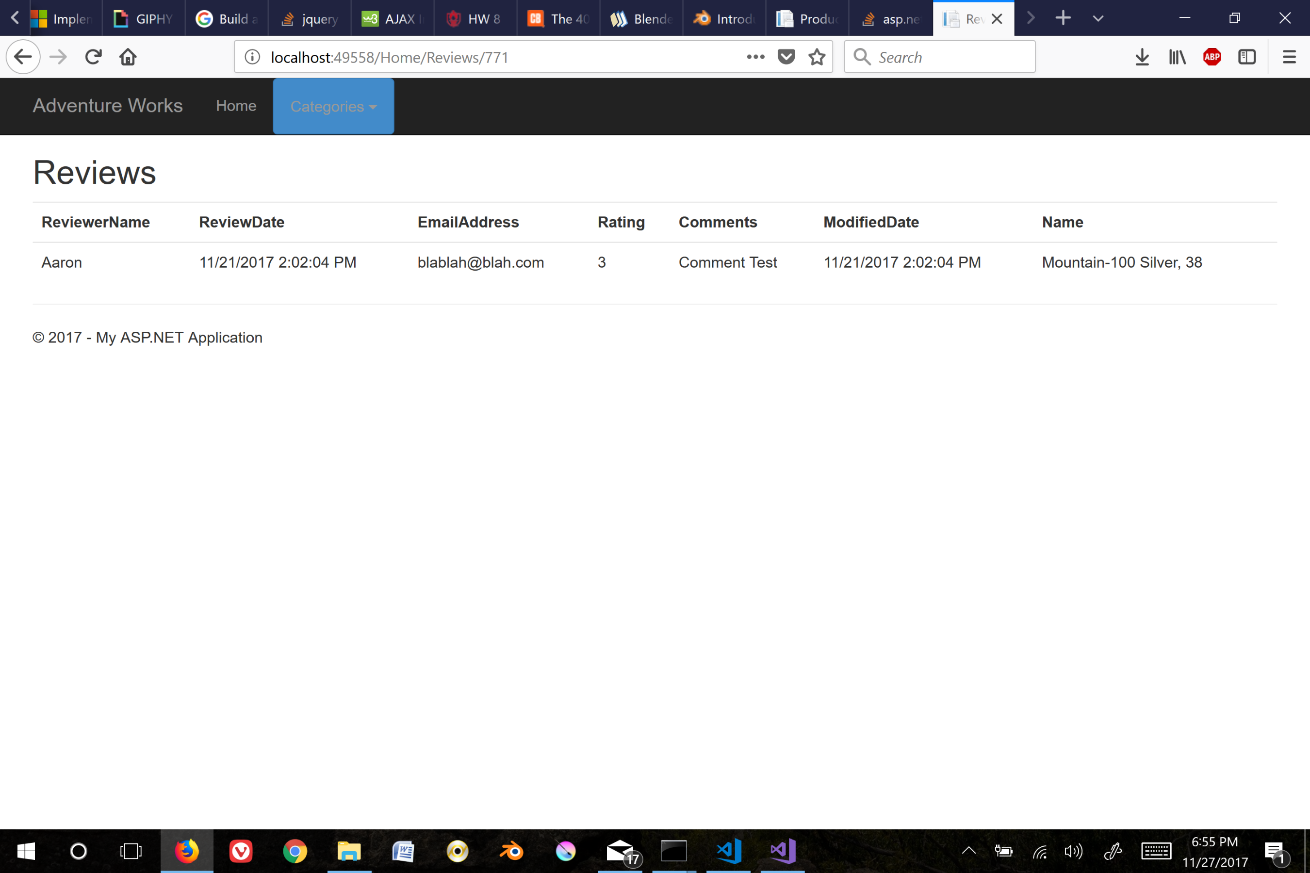 "List of Product Reivews for a Product"