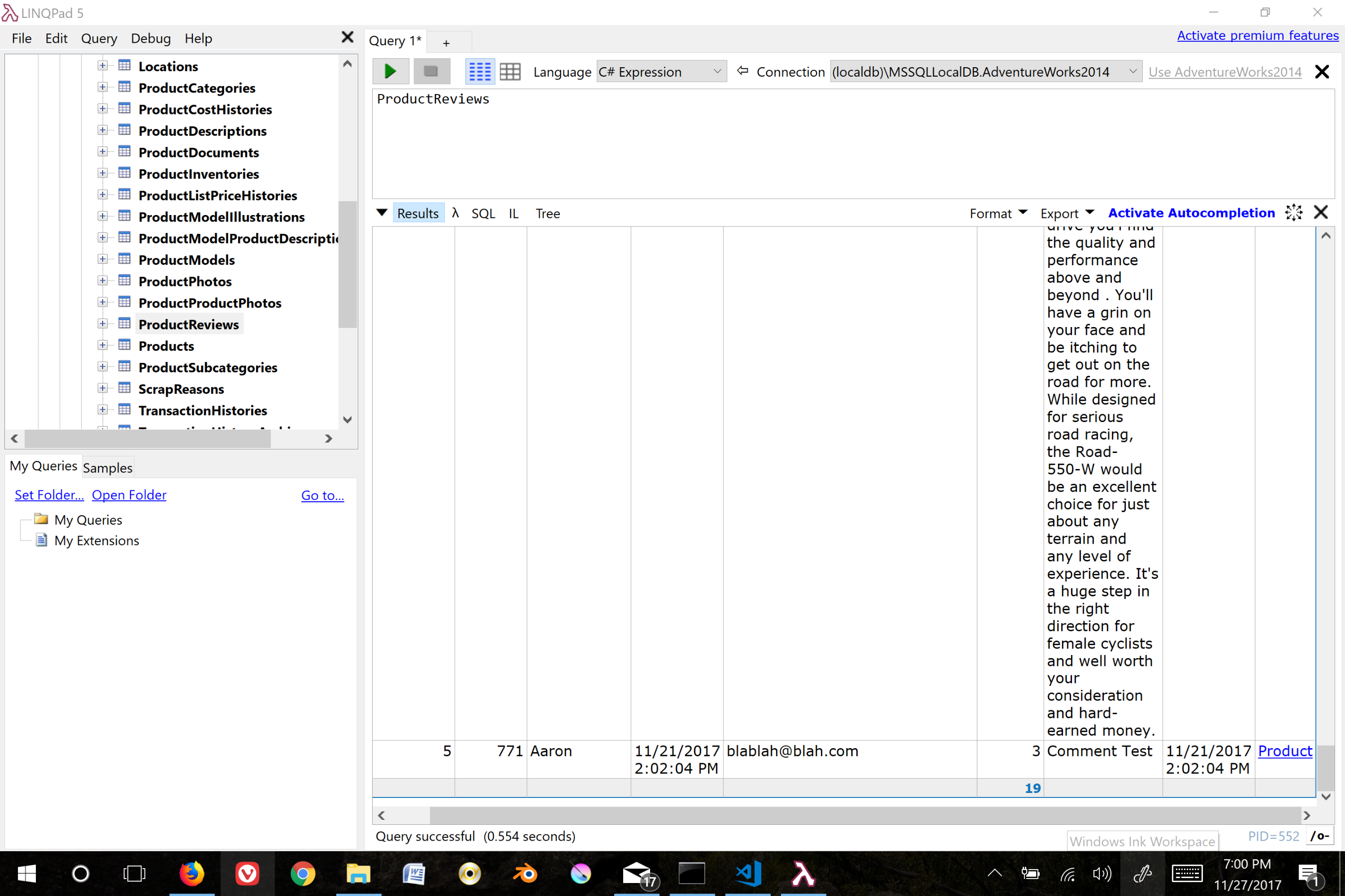 "LinqPad query to show review in DB"
